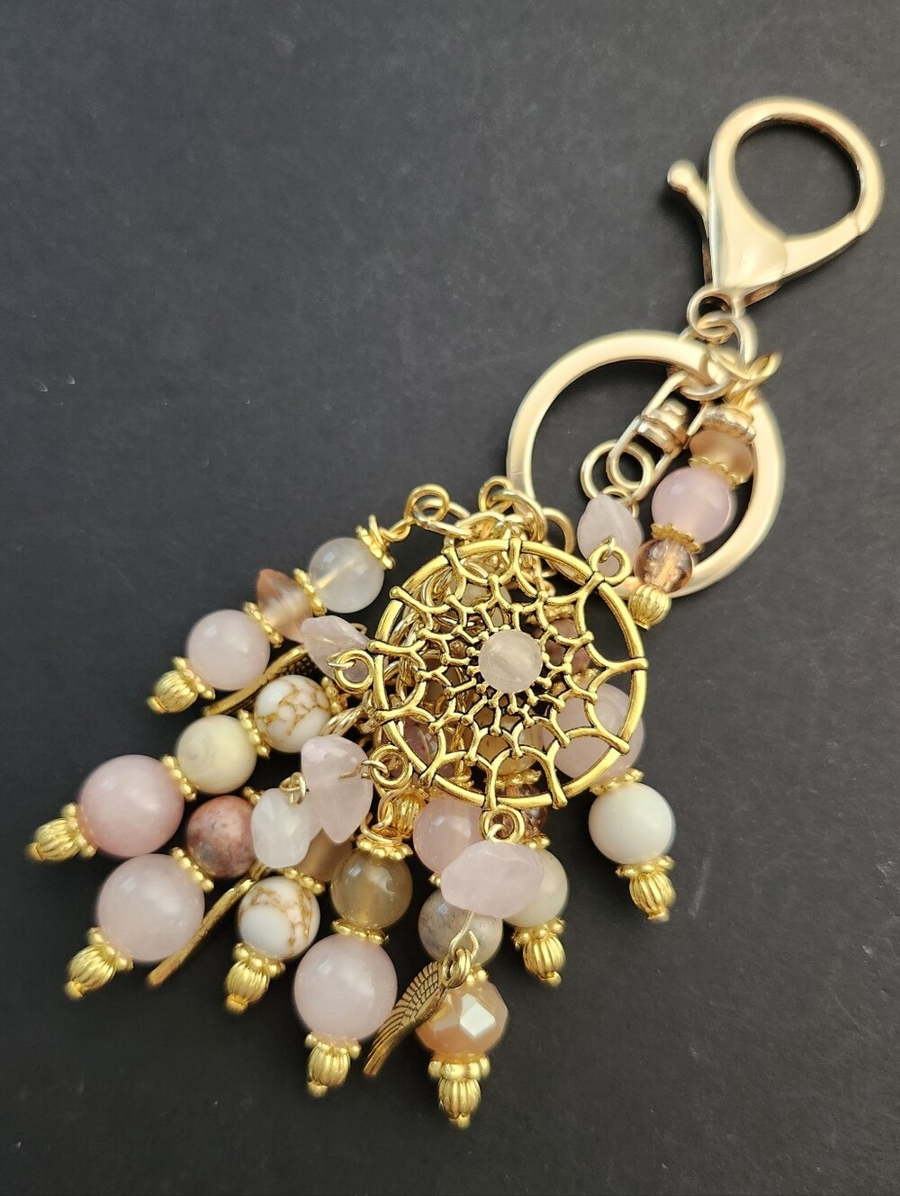 Dreamcatcher Purse Charm Rose And Strawberry Quartz Agate Handcrafted
